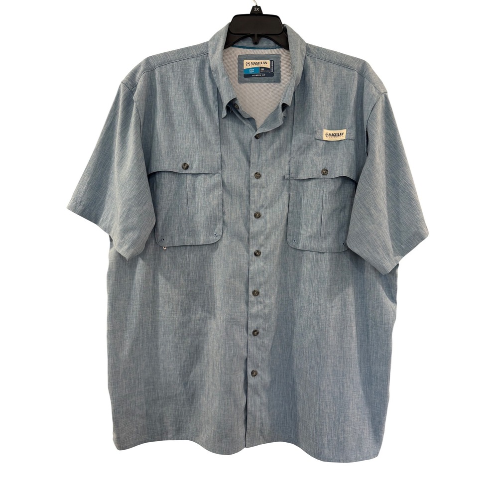 Magellan Outdoors Aransas Pass Blue Fishing Shirt Mens 2XL Vented Short Sleeve